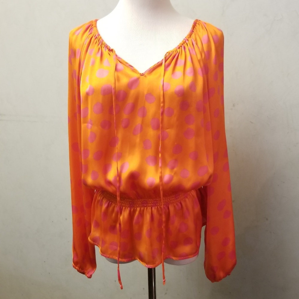 Ellen Tracy orange and pink polka dot top women's size Small (M3)